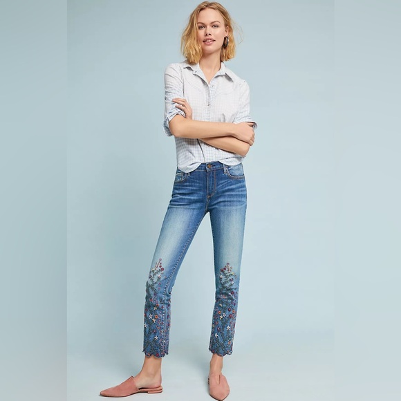 Anthropologie Driftwood Candace Mid-Rise Embroidered Ankle Jeans - Picture 1 of 11